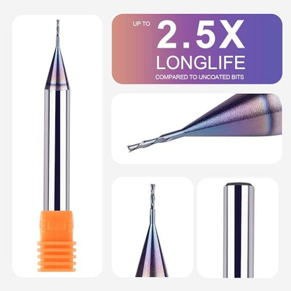 SpeTool 1/32 Down Cut CNC Router Bits 1/4 Inch Shank with TAC Long Life Coated , Solid Carbide Spiral End Mill Plunge Cut for Wood Engraving Carving - size: 1/32" Dia - 1/8" CL -1/4" Shank, style: DOWN CUT
