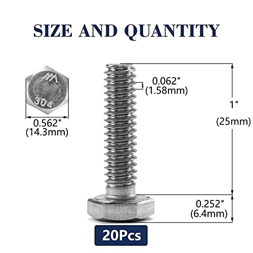 3/8-16 x 1 Hex Head Screw Bolt, 20Pcs 18-8 (304) Stainless Steel, Fully Threaded, Plain Finish, by SG TZH - size: 3/8-16 x 1"