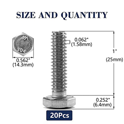 3/8-16 x 1 Hex Head Screw Bolt, 20Pcs 18-8 (304) Stainless Steel, Fully Threaded, Plain Finish, by SG TZH - size: 3/8-16 x 1"