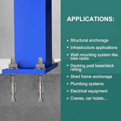 3/4" x 8-1/2" Concrete Anchors (10 Pack) 3/4 inch Wedge Anchors Bolts Stainless Steel - size: 3/4"x8-1/2"