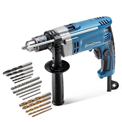 DongCheng Hammer Drill 6A,1/2 Inch Keyed Chuck, 0-3000 RPM/45000 BPM Impact Drill with 15PCS Drilling Bits for Brick Wall, Metal & Wood, DZJ05-13