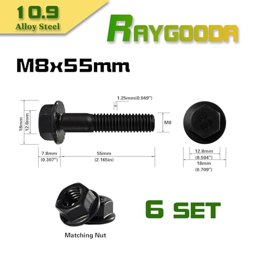 M8-1.25x55mm Flange Bolt and Nut Kit 6set- Grade 10.9 Alloy Steel, Black Zinc,Partially Thread, Serrated Self-Locking, Vibration Resistant for Automotive, Machinery & Heavy Duty - size: M8x55mm(6 Sets）