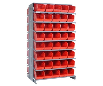 Quantum QPRD-202RD Double-Sided Display Sloped Pick Rack for Warehouse Retail Store | 800 lbs Capacity | (80) QSB202 Red Bins; (16) Shelves Configuration | 24"L x 36"W x 63.5"H, Gray, Carbon Steel - size: 64" H x 36" W x 24" D, style: 12" L x 7" W x 6" H