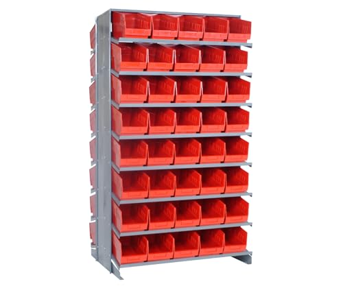 Quantum QPRD-202RD Double-Sided Display Sloped Pick Rack for Warehouse Retail Store | 800 lbs Capacity | (80) QSB202 Red Bins; (16) Shelves Configuration | 24"L x 36"W x 63.5"H, Gray, Carbon Steel - size: 64" H x 36" W x 24" D, style: 12" L x 7" W x 6" H