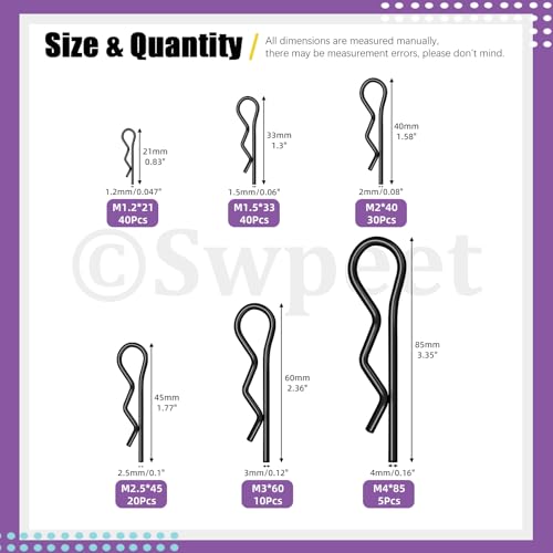 Swpeet 145Pcs 6 Sizes Black Zinc-Plated Carbon Steel Cotter Pin Assortment Kit, Hitch Pin Clip, R Clips, Retaining Pins, Hair Pin, Hardware Pins, Spring Fastener for Dolly Pins Trailer Pin Clips