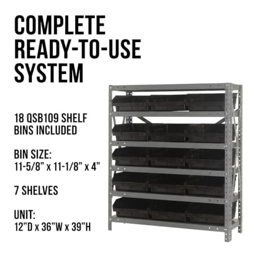 Quantum Storage Systems 1239-109BK Steel Shelving Unit with 4" Shelf Bins, 12" D x 36" W x 39" H, Black - size: 39" H x 36" W x 12" D, style: 12" L x 12" W x 4" H 18 Economy Black Bins