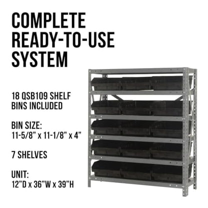 Quantum Storage Systems 1239-109BK Steel Shelving Unit with 4" Shelf Bins, 12" D x 36" W x 39" H, Black - size: 39" H x 36" W x 12" D, style: 12" L x 12" W x 4" H 18 Economy Black Bins