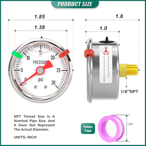 0-30psi Stainless Steel Glycerin Liquid Filled Pressure Gauge 1/8" NPT 1.5" Face Dial, Center Back Mount, for Water, Oil and Air Pressure Testing (with Range Mark Pointer) - size: 0-30Psi