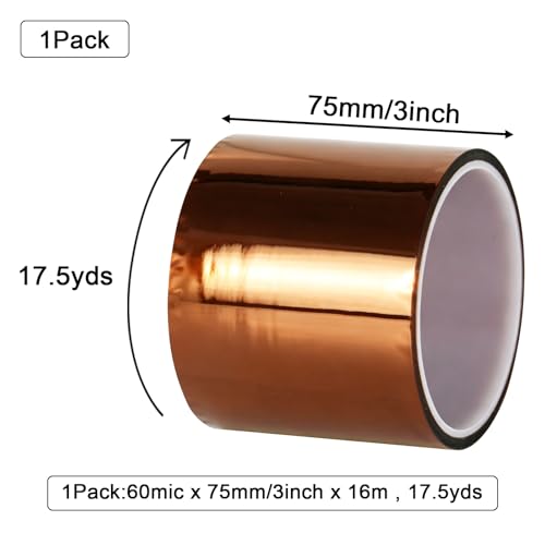 BOMEI PACK Polyimide Tape, 1 Pack High-Temperature Resistant Tape 3inch x 16m(54ft), No Residue Heat-Resistant Tape for Electric Task, 3D Printing, Soldering, Sublimation, Masking - size: 3 inch