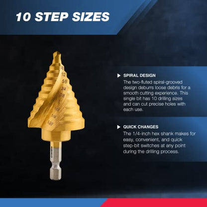 NEIKO 10174A Step Drill Bit, 10 Steps 1/4" to 1-3/8" Straight High Speed Steel, Titanium Nitride Coated, 1/4" Quick Change Step Bits for Steel, Metal, Wood, Plastic, Unibit Cone Drill Bits, Two Flute - size: #5 (1/4 - 1-3/8", 10S), style: Spiral