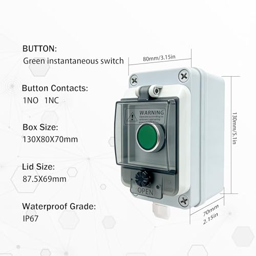 Green Momentary Push Button Switch Box, IP67 Waterproof Outdoor Industrial Start/Stop Control Station with Protective Cover, 22mm 1NO 1NC Anti-Misoperation Button Enclosure - color: Green button switch box