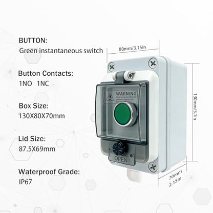 Green Momentary Push Button Switch Box, IP67 Waterproof Outdoor Industrial Start/Stop Control Station with Protective Cover, 22mm 1NO 1NC Anti-Misoperation Button Enclosure - color: Green button switch box