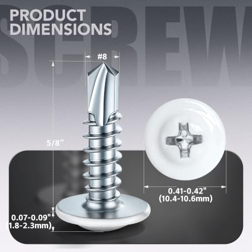 200 PCS #8 x 5/8" Sheet Metal Screws, Phillips Modified Truss Head Self Drilling Screws, Zinc-Plated, White Head Self Tapping Screws for Metal, Wood, Plastic, Double-Ended Bit Included - color: White, size: #8 x 5/8"