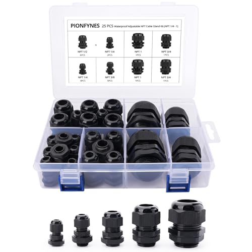 25PCS Cable Gland 3-25mm Waterproof Adjustable 1/4'', 3/8'', 1/2'', 3/4'', 1'' NPT Cable Gland Joints with Gaskets - size: NPT KIT 25pcs