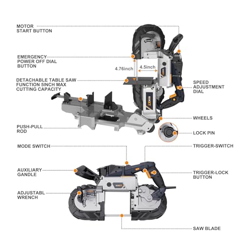 MAXXT 2-in-1 Band Saw with Table Saw Base, 10A 5-Inch Deep Cut Portable Band Saw, Lightweight Aluminum Body, Variable Speed, Handheld Multi-Purpose Portable Saw with Rolling Base for Metal & Wood - color: Bandsaw With Table Saw