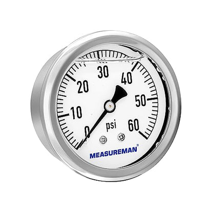 MEASUREMAN 2-1/2" Dial Size, Glycerin Filled Plumbing Pressure Gauge, 0-60psi, Stainless Steel Case, 1/4" NPT Back Mount - size: 0-60 psi, style: Back Mount