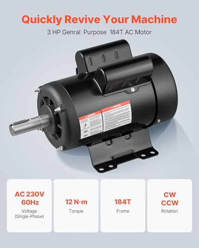 VEVOR 3 HP Electric Motor, 1750RPM Air Compressor Motor, CW/CCW Rotation, 1.125 inch Shaft Diameter, 2.75inch Shaft Length, 12N.m Torque, Single-Phase, TEFC Cooling, 230V, 184T Frame - size: 3P-2.75in Shaft Length