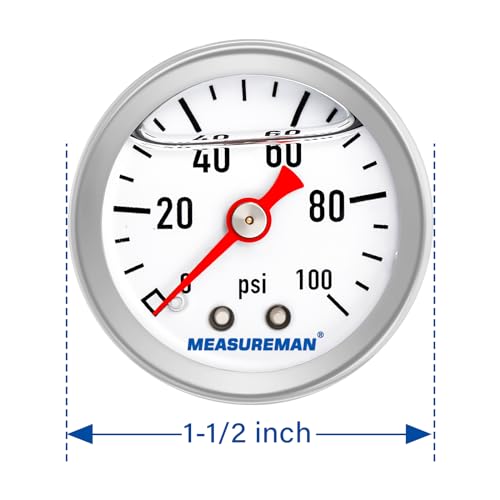 MEASUREMAN 1-1/2" Dial Size, 304 Stainless Steel case, Liquid Filled Fuel Pressure Gauge, 0-100Psi, 3-2-3%, 1/8" NPT Center Back Mount - size: 0-100 psi, style: Back Mount