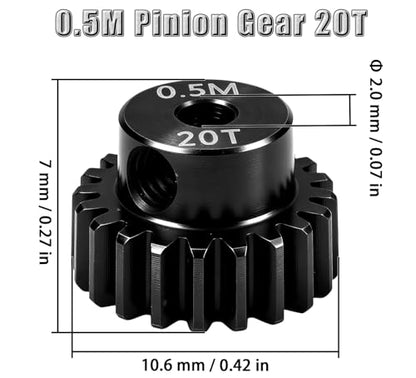 Hardened Steel 0.5M Pinion Gear 20T 2mm Shaft for RC Car/Helicopter Upgrade, Compatible with ARRMA 1/14 Typhoon 1/16 Mojave 1/18 Granite, Losi 1/12, 0.5Mod 13T-27T Gear for Brushed Brush-Less Motors - size: 20T