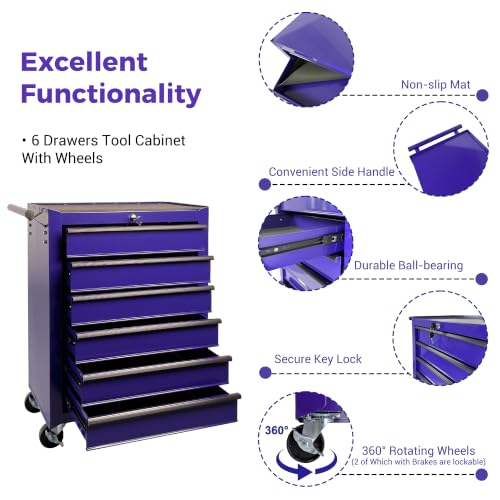 Rolling Metal Tool Chest with 6 Drawers, 20" 6-Drawer Tool Chest Cabinet with Ball Bearing Drawer Slides, Steel Tool Storage Box Organizer -Purple - color: Purple-6