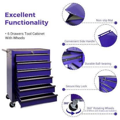 Rolling Metal Tool Chest with 6 Drawers, 20" 6-Drawer Tool Chest Cabinet with Ball Bearing Drawer Slides, Steel Tool Storage Box Organizer -Purple - color: Purple-6