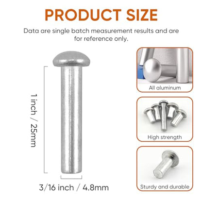 ALLCLEAN 3/16" Diameter X 1" Length Solid Aluminum Brazier Head Rivets,Aluminum Boat Rivets,Round/Dome Head Rivet,Pack of 100 - size: 3/16" x 1"