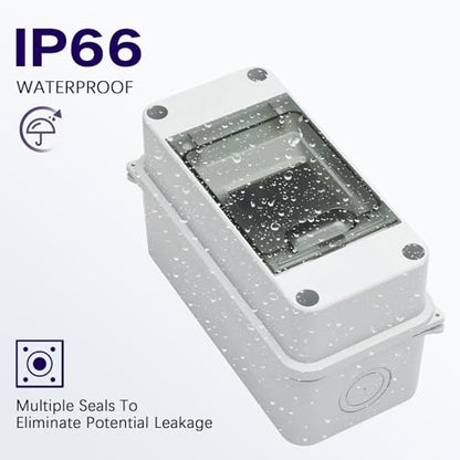 3 Way Distribution Protection Box,ABS/PC Alloy Plastic Transparent Cover Circuit Breaker Box IP66 Waterproof Distribution Box with DIN Rail and Waterproof Connector, WHITE, HT-3WAY - size: HT-3