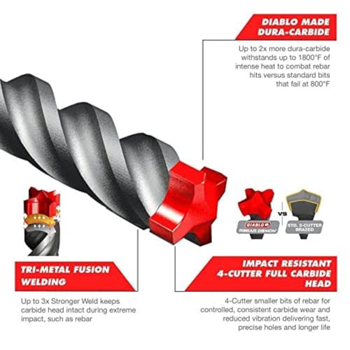 Diablo Rebar Demon SDS-Plus 4-Cutter Full Carbide Head Hammer Drill Bit - size: 12" Length x 3/8" Dia