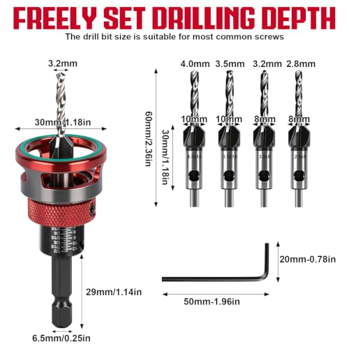 7PCS Countersink Drill Bit Set with Adjustable Depth Stop Collar, 4PCS Wood Countersink Bits for 82 Degree Woodworking, Burr-Free Drilling in Wood, Plywood & Plastic - size: 7pcs