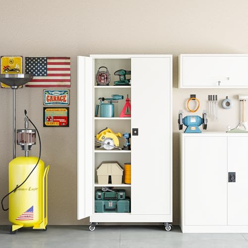 RAVIGIN Metal Garage Storage Cabinet with Wheels, 75" H Locking Tool Cabinet with 2 Doors and 4 Adjustable Shelves, Tall Steel Storage for Garage, Heavy Duty File Cabinet for Office, School (White) - color: White, size: 75 IN with Weels