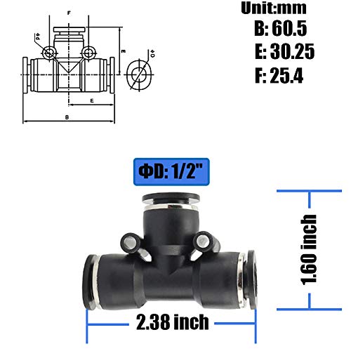 10PCS 1/2"x 1/2" Tube OD Union Tee Push to Connect Fittings - size: 1/2"x 1/2"