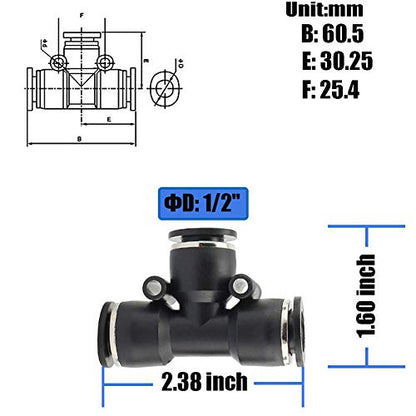 10PCS 1/2"x 1/2" Tube OD Union Tee Push to Connect Fittings - size: 1/2"x 1/2"