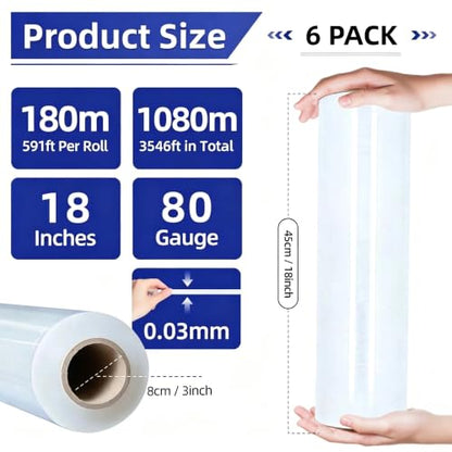 6 Pack Shrink Wrap Roll, 18 inch Wide Total 3546ft Industrial Stretch Film - color: Clear