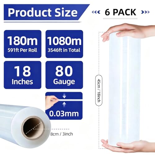 6 Pack Shrink Wrap Roll, 18 inch Wide Total 3546ft Industrial Stretch Film - color: Clear
