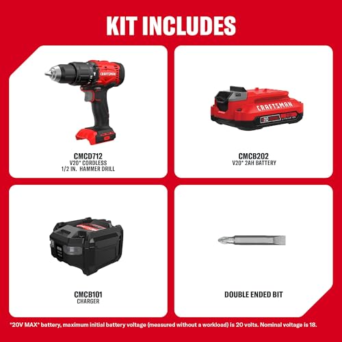 CRAFTSMAN 20V MAX 1/2 Cordless Hammer Drill, Includes Battery (2 Ah), Charger and Double Ended Bit, Variable Speed Power Hammer Drill with LED Light (CMCD712D1)