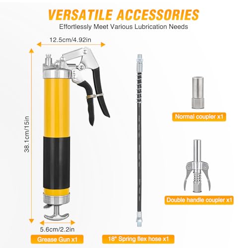 GOOACC Grease Gun Heavy Duty Pistol Grip Grease Gun Kit with Quick Release Coupler 18" Spring Flex Hose Normal Coupler, 8000PSI 14oz Grease Guns Tool for Automotive Farm Industrial Marine, Yellow 4PCS - size: Manual 14oz Yellow 4PCS