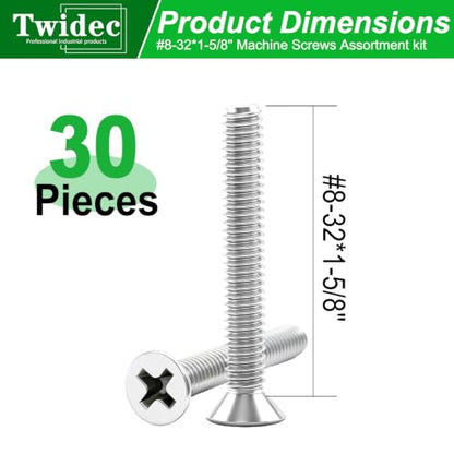 Twidec/#8-32x1-5/8 inch Flat Head Machine Screws Assortment kit,30PCS 304 Stainless Steel Phillips Flat Head Electricians Screws Long for Electrical Wall Plate Switch, Receptacles Mounting Screws - size: #8-32x1-5/8"