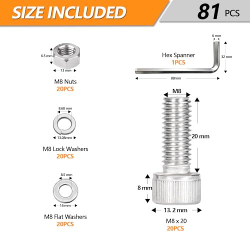 20 Sets Metric M8 Hex Socket Head Cap Screws Bolts Kit, M8-20mm Screws - size: M8 - 20mm