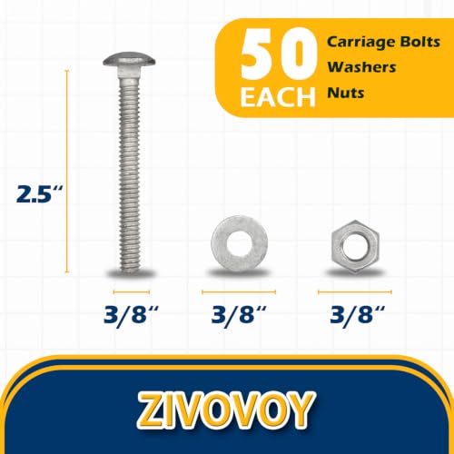 3/8" x 2-1/2" Hot Dip Galvanized Grade 307A Carriage Bolt Kit, 50 Pack, Comes with 3/8" USS Flat Washers & 3/8"-16 Hex Nuts, Heavy Duty Exterior Construction Use - size: 3/8"x2-1/2"