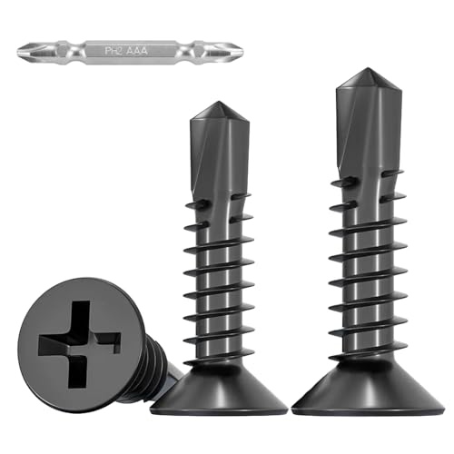 100Pcs Self Tapping Screws for Metal, 410 Stainless Steel, Black Coating, #8 x 1-1/2" Phillips Drive Flat Head Self Drilling Screws, Countersunk Sheet Metal Screws, Deck Screws Kit with 1 Bits - size: 100pcs #8 x 1-1/2", style: Flat Head