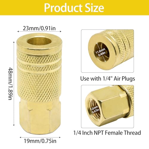 1/4 Inch Air Hose Fittings, Brass Female Industrial Coupler, 1/4'' NPT Female Quick Connect Air Coupler, for Auto Shop and Professional Jobsites, 2 Pack