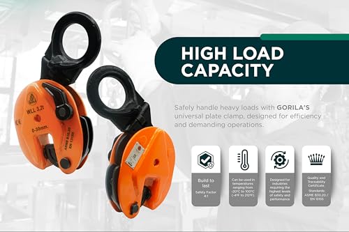 GORILA Vertical plate clamp articulated | 70550lbs / 3,2 ton | Jaw opening 1.2 inch / 30mm | Industrial and heavy duty steel plate clamp for lifting and transporting | Safety factor 4:1 | Since 1989 - size: 3,2t / 7055lbs