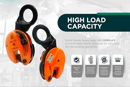 GORILA Vertical plate clamp articulated | 70550lbs / 3,2 ton | Jaw opening 1.2 inch / 30mm | Industrial and heavy duty steel plate clamp for lifting and transporting | Safety factor 4:1 | Since 1989 - size: 3,2t / 7055lbs