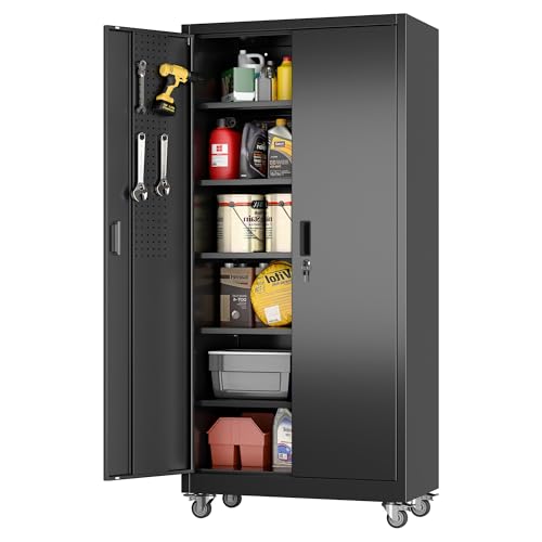 71" Metal Storage Cabinet with Wheels, 5 Adjustable Shelves, Black - color: Black, size: 18"D x 34"W x 71"H