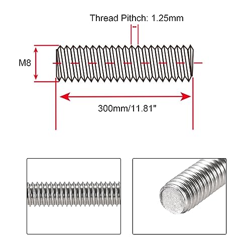 M8 x 300mm Fully Threaded Rod & Studs, 304 Stainless Steel Right Hand Threads Rods, M8-1.25 Thread Pitch for Anchor Bolts, Clamps, Hangers and U-Bolts 2 Pack【with Nuts】 - size: 12-Inch