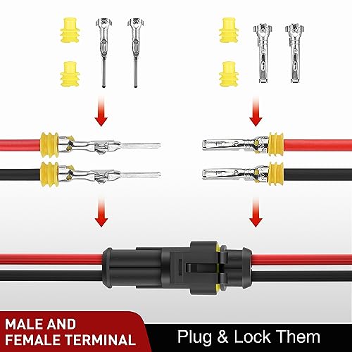 Nilight 200PCS 2 Pin Electrical Connector ‎Plug with Male Female Terminals - size: 2Pin Connector 200Pcs