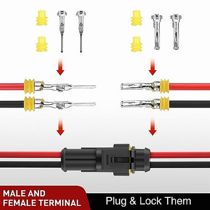 Nilight 200PCS 2 Pin Electrical Connector ‎Plug with Male Female Terminals - size: 2Pin Connector 200Pcs