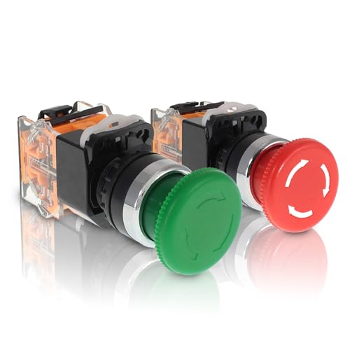 Emergency Push Button Switch, Green&Red Mushroom Head, for Home or Industrial Equipment, Operating Rooms, Distribution Boxes, NO NC, 22mm, Stay-Put (2 Pack) - size: 1 Green + 1 Red, style: Stay-put