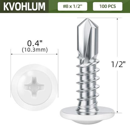 #8 x 1/2" (100 PCS) White Head Fast Self Tapping Sheet Metal Screws, Modified Truss Head Self Drilling Screw, Full Thread, Screwdriver Bit Included - color: White, size: #8 x 1/2"