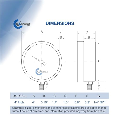 Carbo 100 PSI Dry Pressure Gauge with NIST Traceable Certificate, Calibrated in USA Lab, 4" Dial, 1/4 NPT Lower Mount, ASME Grade A, Steel Case, Brass Wetted Parts, PSI/Bar - size: 0-100 PSI, style: NIST TRACEABLE